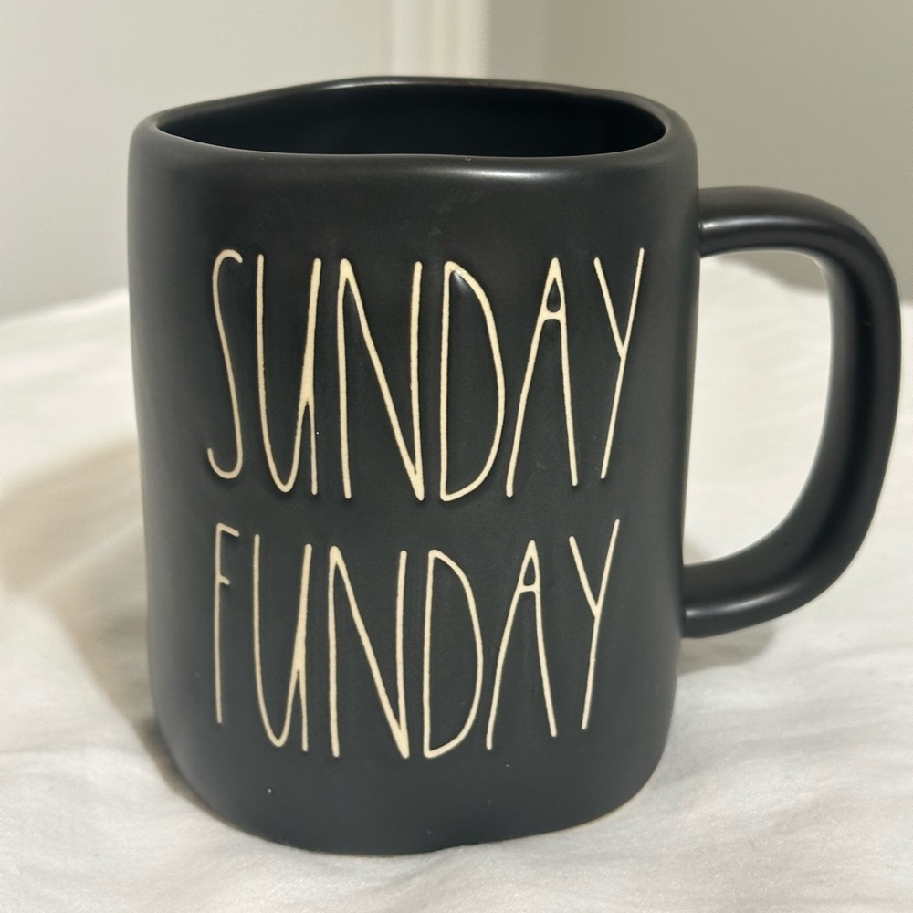 New Rae Dunn black Sunday Funday mug coffee cup fun white black glass handle